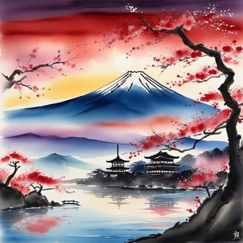 Japanese pagoda set against iconic Mount Fuji, capturing essence of traditional Japanese landscape, architecture. For art, creative projects, fashion, style, advertising campaigns, web design, print