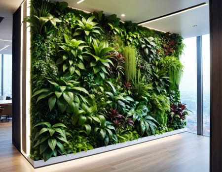 Beautiful vertical garden indoors. Living green wall in modern office interior. Urban jungles. Interior design with green wall