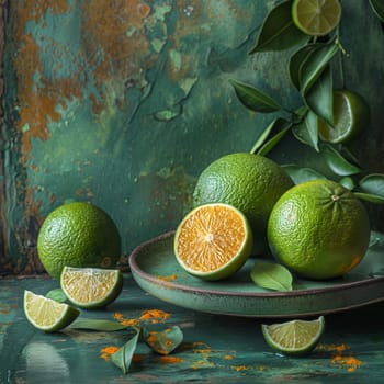 Fresh lime with leaves on the table. Selective soft focus.