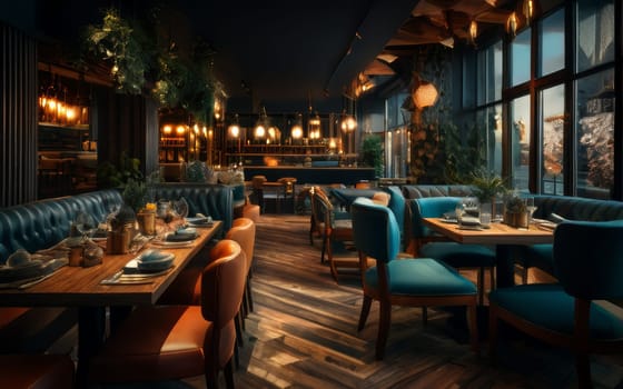 Restaurant design of fashionable cozy interior. Dark cozy aesthetic interior of restaurant in blue colors with wooden textures
