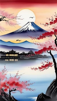 Serene landscape with mountain, pagoda in background. For meditation apps, on covers of books about spiritual growth, in designs for yoga studios, spa salons, illustration for articles on inner peace