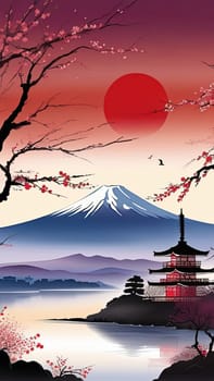 Serene landscape with mountain, pagoda in background. For meditation apps, on covers of books about spiritual growth, in designs for yoga studios, spa salons, illustration for articles on inner peace