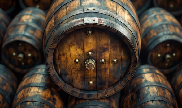 Background of stacked wooden storage barrels. Selective soft focus.
