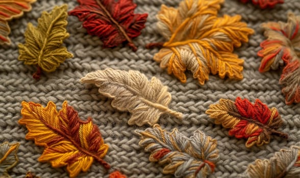 Abstract knitted background, autumn knitted leaves close-up. Selective soft focus.