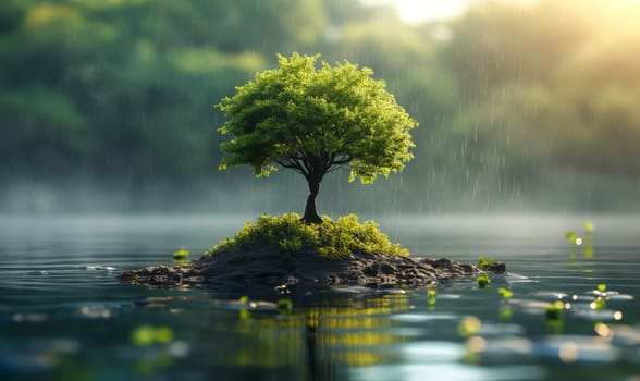Lonely tree on an island in the lake. Selective soft focus.
