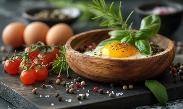 Cooked egg in a cup on the table. Selective soft focus.