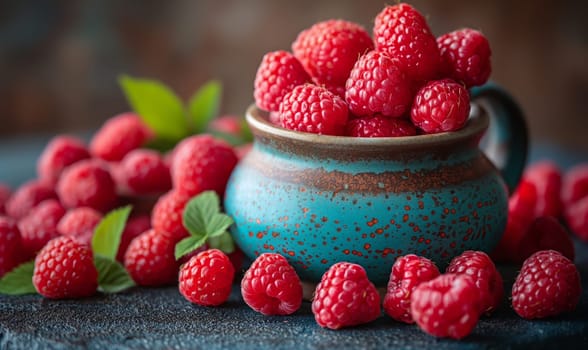 Ripe raspberries on the table and in a ceramic bowl. Selective soft focus.