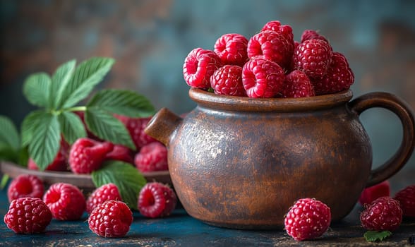 Ripe raspberries on the table and in a ceramic bowl. Selective soft focus.