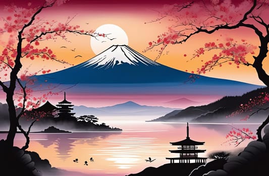 Japanese sunset over tranquil landscape, featuring traditional pagoda silhouetted against radiant sky. Blend of vibrant colors captures essence of peace. For art, creative projects, fashion, magazines