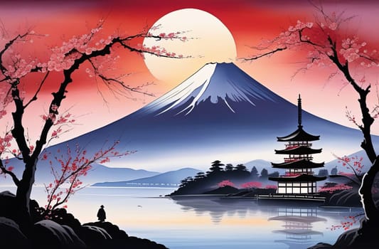 Japanese sunset over tranquil landscape, featuring traditional pagoda silhouetted against radiant sky. Blend of vibrant colors captures essence of peace. For art, creative projects, fashion, magazines