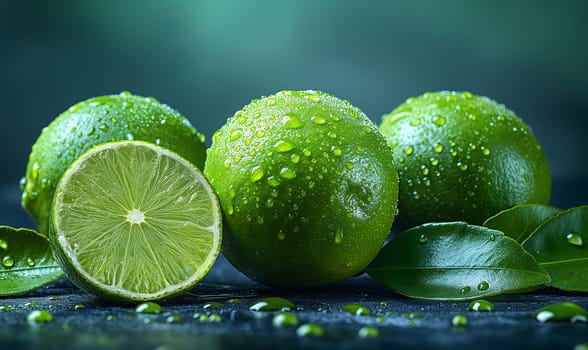 Fresh lime with leaves on the table. Selective soft focus.