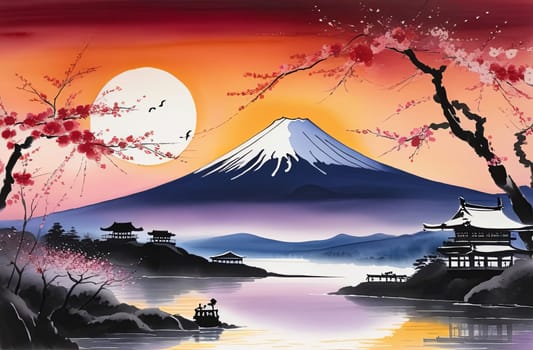 Japanese sunset over tranquil landscape, featuring traditional pagoda silhouetted against radiant sky. Blend of vibrant colors captures essence of peace. For art, creative projects, fashion, magazines