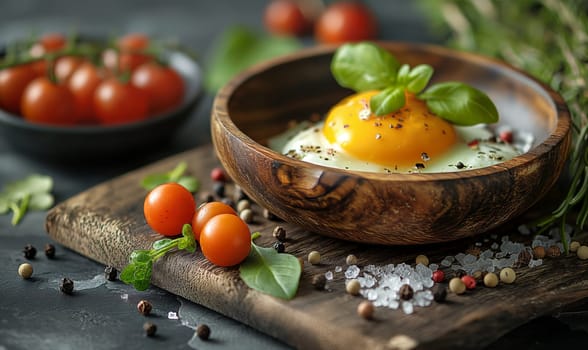 Cooked egg in a cup on the table. Selective soft focus.