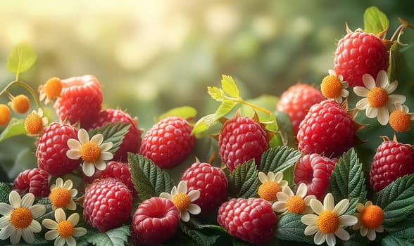 Fruit background with ripe raspberries on a blurred background. Selective soft focus.