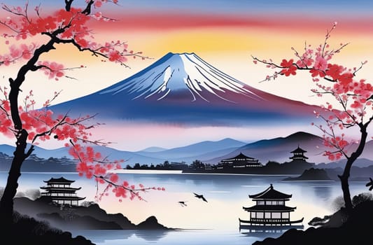 Japanese pagoda set against iconic Mount Fuji, capturing essence of traditional Japanese landscape, architecture. For art, creative projects, fashion, style, advertising campaigns, web design, print