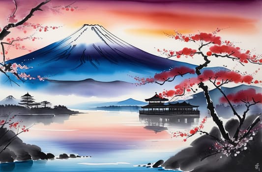 Japanese pagoda set against iconic Mount Fuji, capturing essence of traditional Japanese landscape, architecture. For art, creative projects, fashion, style, advertising campaigns, web design, print