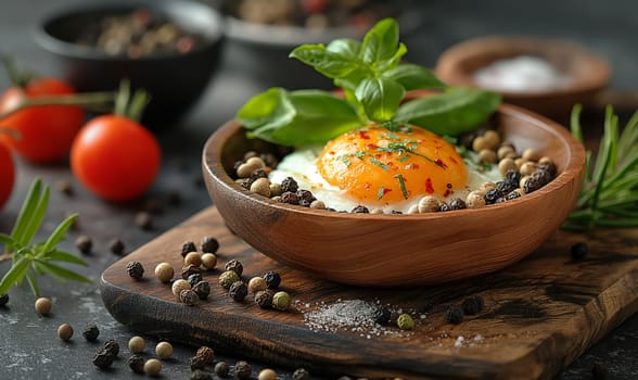 Cooked egg in a cup on the table. Selective soft focus.