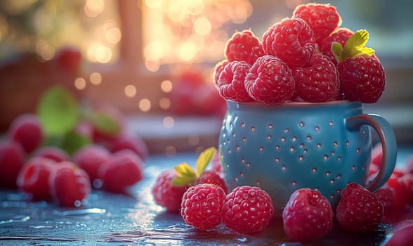 Ripe raspberries on the table and in a ceramic bowl. Selective soft focus.