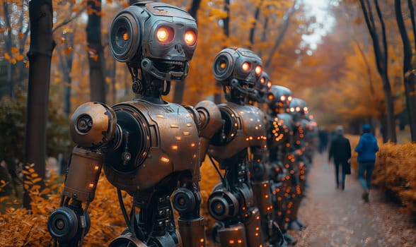 Robots on the street among people. Selective soft focus.