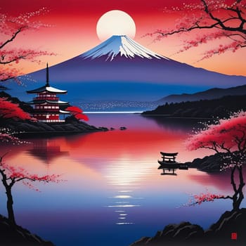 Japanese pagoda set against iconic Mount Fuji, capturing essence of traditional Japanese landscape, architecture. For art, creative projects, fashion, style, advertising campaigns, web design, print