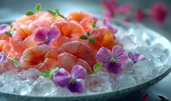 Ice cubes with flowers on an abstract background. Selective soft focus.