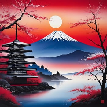 Traditional Japanese pagoda with iconic Mount Fuji in background, capturing essence of Japans natural beauty, cultural heritage. For interior, commercial spaces to create stylish atmosphere, print