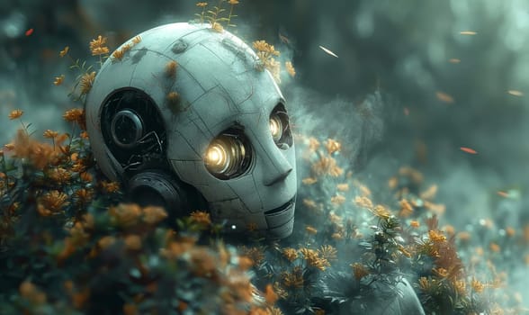 Futuristic robots on an abstract background. Selective soft focus.