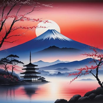 Traditional Japanese pagoda with iconic Mount Fuji in background, capturing essence of Japans natural beauty, cultural heritage. For interior, commercial spaces to create stylish atmosphere, print