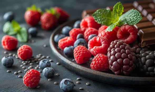 Chocolate and fresh berries on the table. Selective soft focus.