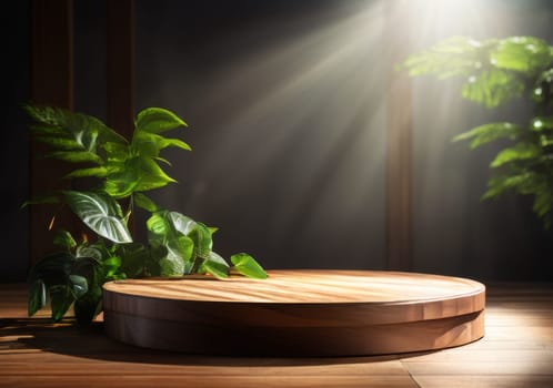 Empty hardwood podium with green plant around. Beautiful round wooden empty podium with space for product with plant elements.