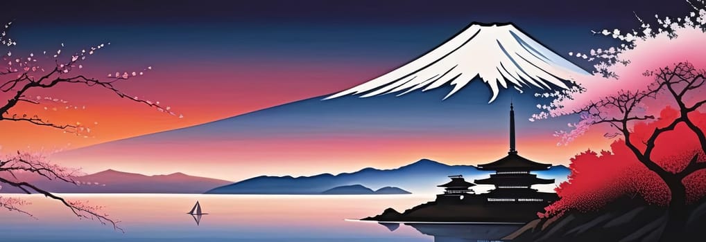 Serene landscape with mountain, pagoda in background. For meditation apps, on covers of books about spiritual growth, in designs for yoga studios, spa salons, illustration for articles on inner peace