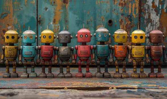 Retro robots on an abstract background. Selective soft focus.