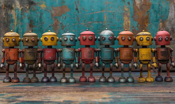 Retro robots on an abstract background. Selective soft focus.