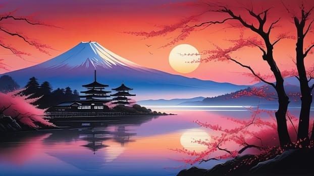 Serene landscape with mountain, pagoda in background. For meditation apps, on covers of books about spiritual growth, in designs for yoga studios, spa salons, illustration for articles on inner peace