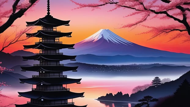 Serene landscape with mountain, pagoda in background. Sky is filled with beautiful pink hue, and moon is shining brightly. Concept of peace, tranquility. For art, creative projects, fashion, magazines