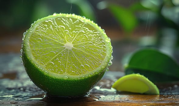 Fresh lime with leaves on the table. Selective soft focus.