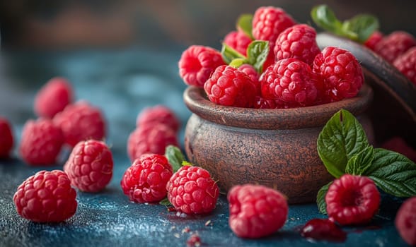Ripe raspberries on the table and in a ceramic bowl. Selective soft focus.