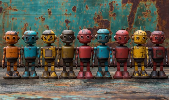 Retro robots on an abstract background. Selective soft focus.