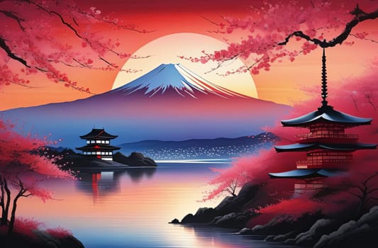 Japanese sunset over tranquil landscape, featuring traditional pagoda silhouetted against radiant sky. Blend of vibrant colors captures essence of peace. For art, creative projects, fashion, magazines