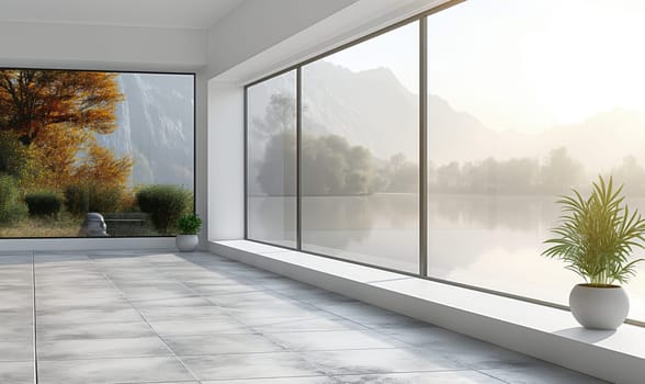 Empty white room with a view from the window. Selective soft focus.