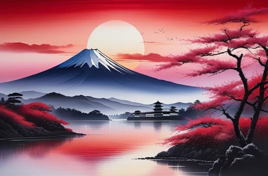 Japanese pagoda set against iconic Mount Fuji, capturing essence of traditional Japanese landscape, architecture. For art, creative projects, fashion, style, advertising campaigns, web design, print