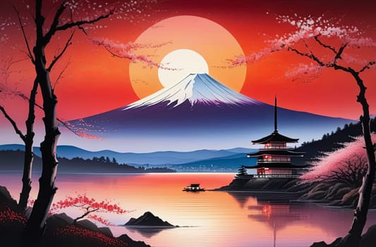 Japanese pagoda set against iconic Mount Fuji, capturing essence of traditional Japanese landscape, architecture. For art, creative projects, fashion, style, advertising campaigns, web design, print