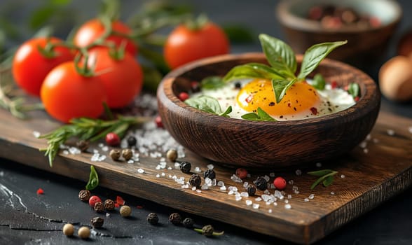 Cooked egg in a cup on the table. Selective soft focus.