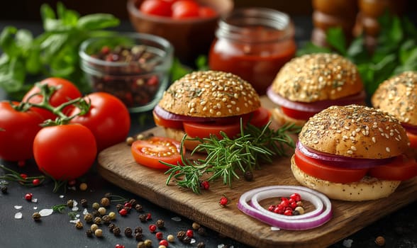 Juicy and tasty burger on a blurred background. Selective soft focus