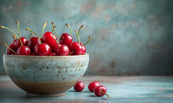 Ripe cherries in a cup on a vintage background. Selective soft focus.