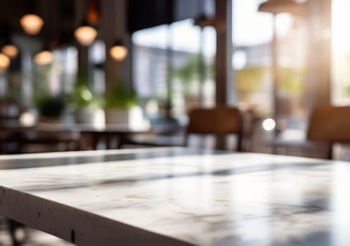 White marble stone table top and blurred bokeh cafe and coffee shop interior background. Wooden rectangular table on blurry background of restaurant interior