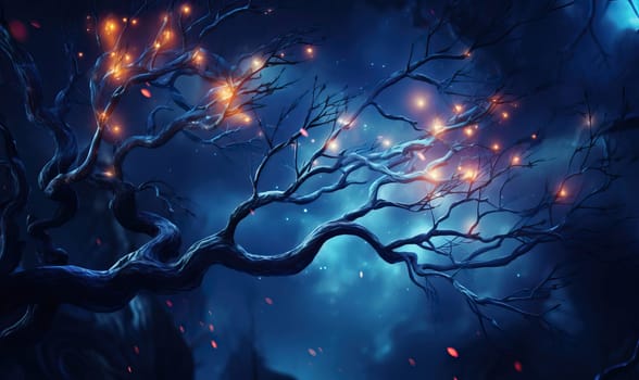 Tree branch on a blue background. Selective soft focus.