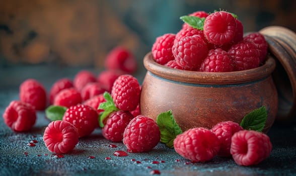 Ripe raspberries on the table and in a ceramic bowl. Selective soft focus.