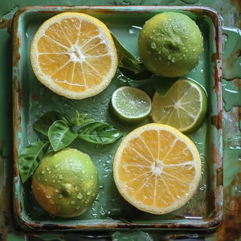 Fruit background with fresh lime fruits with leaves. Selective soft focus.