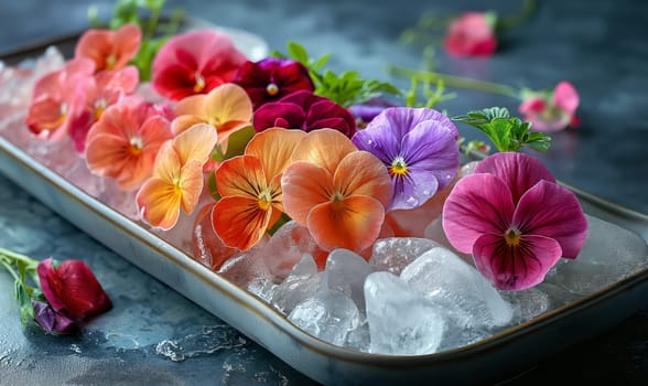 Ice cubes with flowers on an abstract background. Selective soft focus.